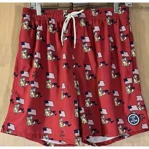 Life is Good Swim Trunks Men's Small Red American Flag Dog All Over Pockets Logo